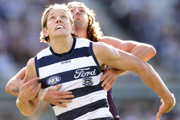 Rhys Stanley, seen here competing with Luke Jackson, remains out of contract at Geelong.