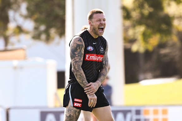 Collingwood’s Jordan De Goey enjoying a training run at Olympic Park last September.