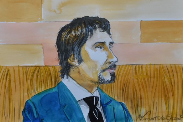 A sketch of Justin Stein giving evidence at his trial in the NSW Supreme Court on Monday.