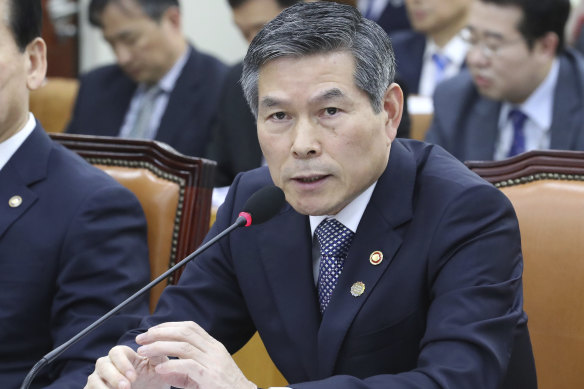 South Korean Defence Minister Jeong Kyeong-doo answers a lawmaker's question about North Koreans' deportation at the National Assembly in Seoul, South Korea. 