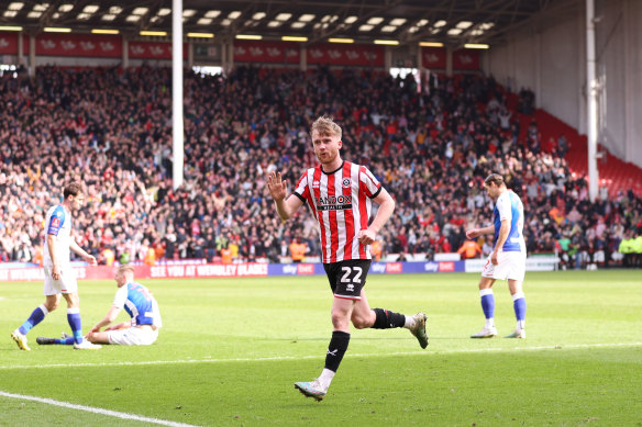 Sheffield United’s Tommy Doyle after scoring the winner against Blackburn Rovers in their FA Cup quarter-final on Sunday.