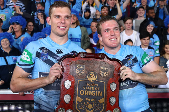 Tom and Jake Trbojevic celebrate the Blues’ Origin win in 2018.