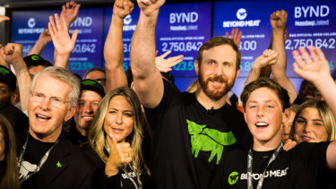Ethan Brown, founder and chief executive of Beyond Meat, centre, at the company's IPO in May.