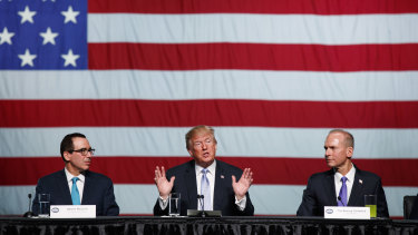 Former President Donald Trump and former Boeing CEO Dennis Muilenburg (right) three years ago; Boeing hoped new US tariffs would reverse some of the gains that Airbus had made in the global aviation market.
