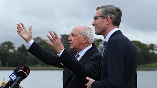 Former prime minister Paul Keating and NSW Premier Dominic Perrottet at Barangaroo on Thursday.