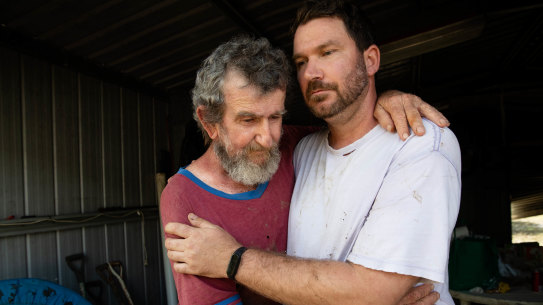 Father and son, Bruno and Mitchell Temporini, at Bruno’s Wardell home in the Northern Rivers region. The house was inundated with flood waters, and Bruno, who has stage 4 cancer, is unable to do any cleaning, but a large group of volunteers have done it for him. 
