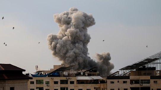 Smoke rises after an Israeli bombardment on Gaza City, Gaza.