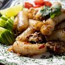 Pad kee mao made with rolled rice noodles.