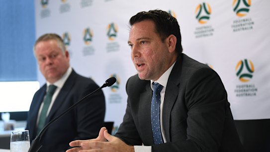 FFA Head of Leagues Greg O'Rourke (left) and FFA CEO James Johnson speak to the media on Monday.