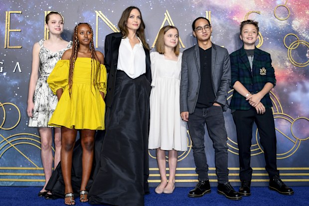 Shiloh Jolie, Zahara Jolie, Angelina Jolie, Vivienne Jolie, Maddox Jolie and Knox Jolie attending the UK Gala screening of Marvel Studios' "Eternals" at BFI IMAX Waterloo on October 27, 2021 in London, England.