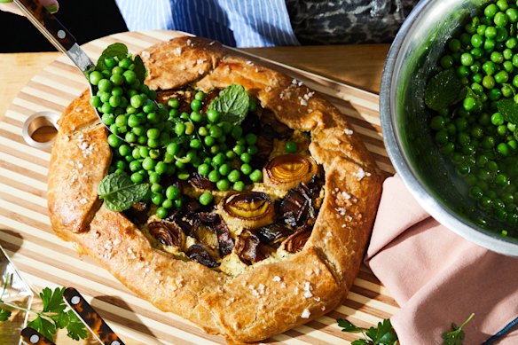 Springtime pea galette with herby goat’s cheese.
