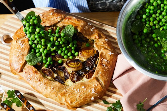 Springtime pea galette with herby goat’s cheese.