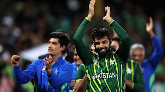 Shadab Khan leads the Pakistani celebrations.