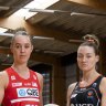 NSW Swifts Teigan O’Shannassy and Gaints Lauren Moore. The two Sydney Super Netball teams are playing this weekend at the Ken Rosewall Arena. It’s an important game for the Swifts in particular, who are bottom of the ladder after beating the Giants in the grand final just last year.