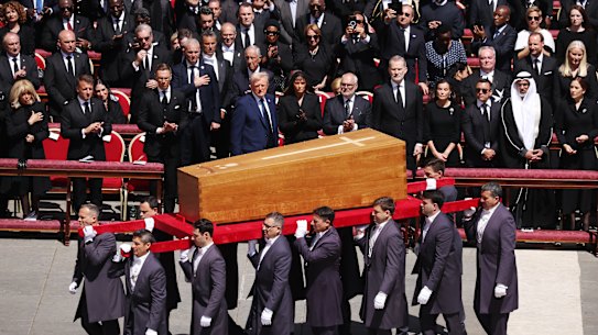 France’s President Emmanuel Macron, Finland President Alexander Stubb, US President Donald Trump, US First Lady Melania Trump, Estonian President Alar Karis, King Felipe VI of Spain, Queen Letizia of Spain, Ecuador’s President Daniel Noboa, His Highness  Abu Dhabi’s Crown Prince and President of the United Arab Emirates Sheikh Khaled Bin Mohammed Bin Zayed Al Nahyan and Queen Mary Of Denmark attend the funeral of Pope Francis in St. Peter’s Square on April 26, 2025 in Vatican City, Vatican. Pope Francis died on April 21st at the age of 88. Born in Argentina as Jorge Mario Bergoglio, he was the first Latin American and the first Jesuit to become Pope when elected in 2013. Taking the name Francis after St Francis of Assisi, he promoted a more humble version of the papacy than many of his predecessors. He will be buried outside of the Vatican in a simple wooden coffin at the Basilica Santa Maria Maggiore.  (Photo by Dan Kitwood/Getty Images)