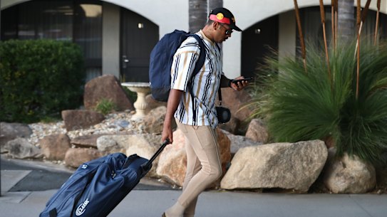 Melbourne winger Josh Addo-Carr arrives in Albury with the Storm squad on Tuesday evening.
