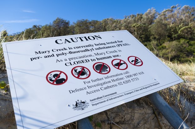 A sign warning of PFAS testing at Wreck Bay.