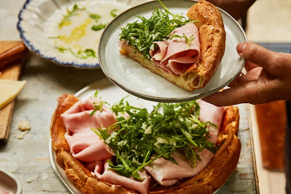 Dutch baby pancakes can be served with sweet or savoury toppings, including mortadella and rocket.