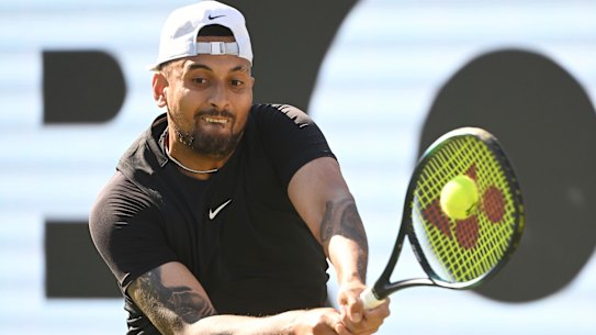 Nick Kyrgios lasted just over an hour in his first match in seven months.