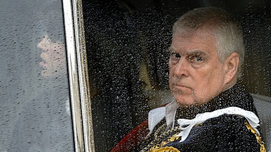 Prince Andrew leaves Westminster Abbey following the coronation ceremony of King Charles in 2023.