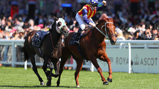 James McDonald punches the sair as Nature Strip ridden wins The King’s Stand Stakes at Royal Ascot.