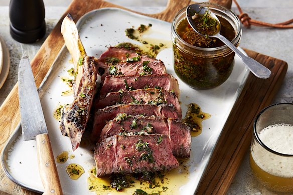 Forget the fast flip. Cook a thick rib-eye slowly and serve it with a punchy chimichurri.