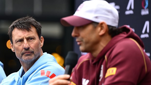  NSW Blues coach Laurie Daley and Queensland Maroons coach Billy Slater speak to the media