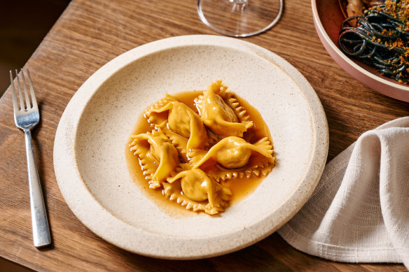 Agnolotti pasta filled with rabbit, veal and pork joins the pizza party.