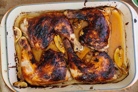 Adam Liaw’s roasted chicken Marylands with chilli and honey.