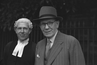 "I think it is a pictorial defamation of character." Leading counsel for the plaintiffs, Mr. Barwick, K.C. and expert witness Mr. J. S. MacDonald on October 23, 1944
