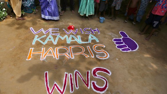 Messages of support were painted around the lush green Indian village of Thulasendrapuram, the hometown of Kamala Harris' maternal grandfather.