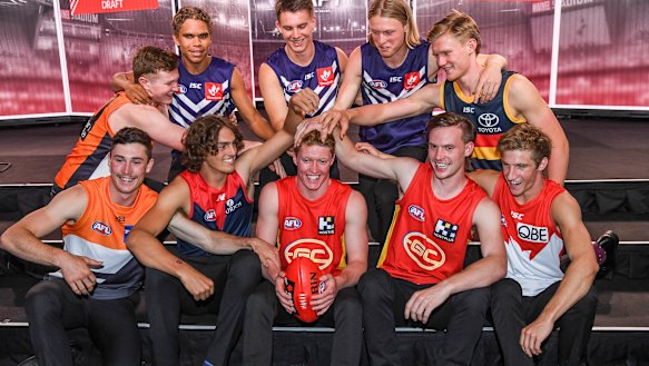 Top 10 draft picks: (back, left to right) Tom Green, Liam Henry, Caleb Serong, Hayden Young, Fischer McAsey, (front) Lachie Ash, Luke Jackson, Matt Rowell, Noah Anderson and Dylan Stephens. 