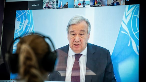 Antonio Guterres, UN Secretary-General, delivers a speech remotely to the Petersberg Climate Dialogue.
