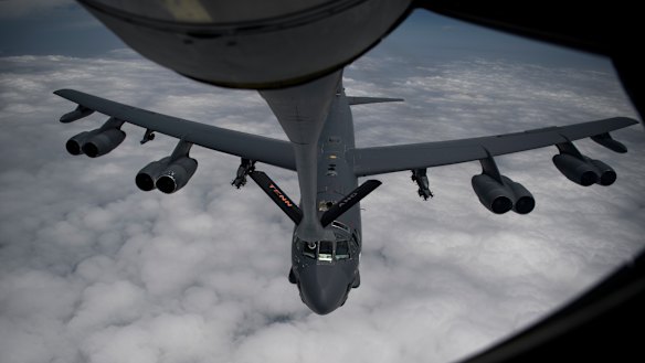 A B-52H receives fuel from a KC-135 Stratotanker an undisclosed location in Southwest Asia in 2019.