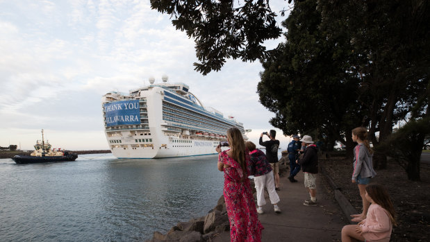 The Ruby Princess cruise ship, which was the source of hundreds of Australia's  Coronavirus cases, departs Port Kembla.