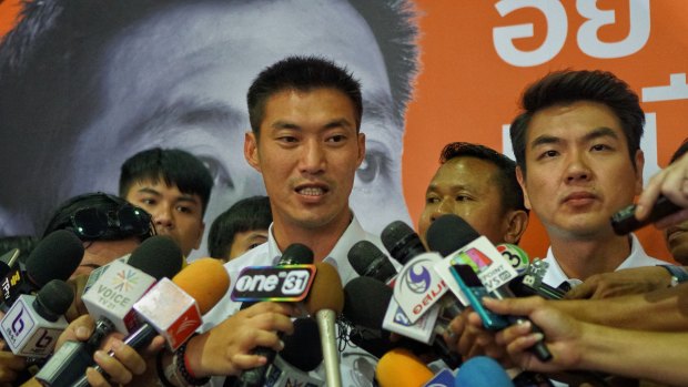 Thanathorn Juangroongruangkit, leader of Future Forward party, addresses the media.