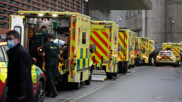 Ambulances queue at the Royal London Hospital.