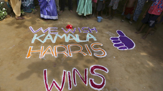 Messages of support were painted around the lush green Indian village of Thulasendrapuram, the hometown of Kamala Harris' maternal grandfather.