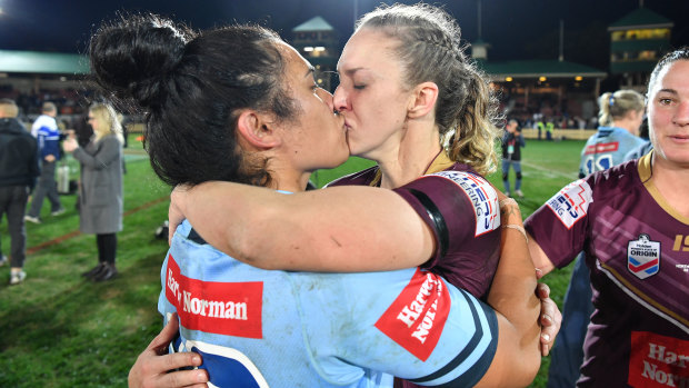 The moment: Vanessa Foliaki and Karina Brown kiss after last year's Origin.