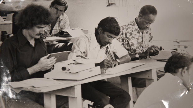 Former Australian Associated Press editor John Coomber (far left) covering the cricket in the Port of Spain in Trinidad in 1978.