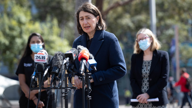 Premier Gladys Berejiklian at Wednesday’s COVID-19 press conference, her second appearance this week, even though she had indicated they would stop as of last Friday.