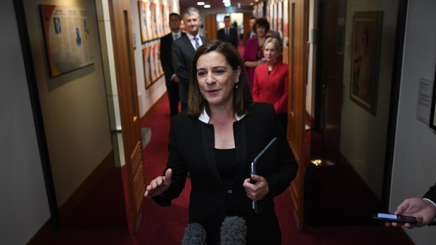 Opposition Leader Deb Frecklington faces the media with senior colleagues.