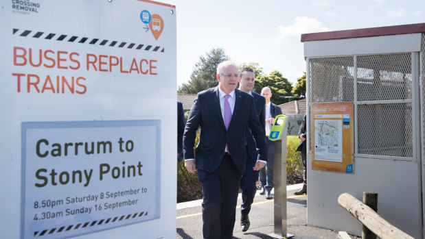 Prime Minister Scott Morrison visits Leawarra Railway Station. and State Opposition leader Matthew Guy.
