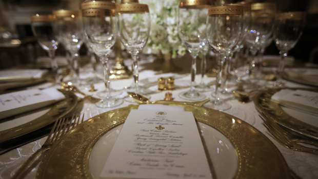 The State Dining Room at the White House is set for the first state dinner hosted by President Donald Trump.
