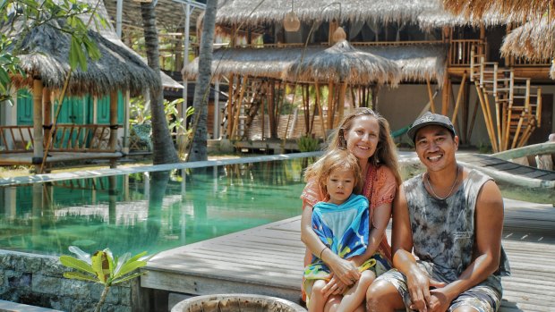 Belinda Miller and husband Resa Pratoni, with son Keanu, in Gili Air. 