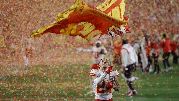 Skyy Moore celebrates the Chiefs’ Super Bowl win.