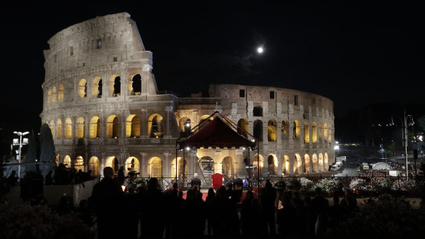 Pope Francis presides over the Via Crucis (Way of the Cross) torchlight procession on Good Friday, a Christian holiday commemorating the crucifixion of Jesus Christ and his death at Calvary, in front of Rome's Colosseum, in Rome.