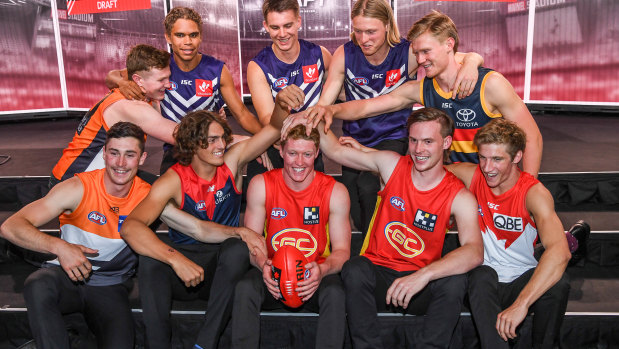 Top 10 draft picks: (back, left to right) Tom Green, Liam Henry, Caleb Serong, Hayden Young, Fischer McAsey, (front) Lachie Ash, Luke Jackson, Matt Rowell, Noah Anderson and Dylan Stephens. 