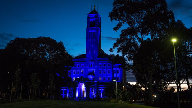 Victorian Police Academy lit up in blue in honour of officers killed on the Eastern Freeway.