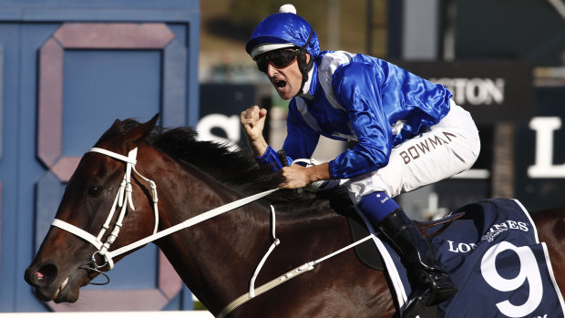Winx crosses the line in the Queen Elizabeth Stakes to make it 25 straight earlier this year.